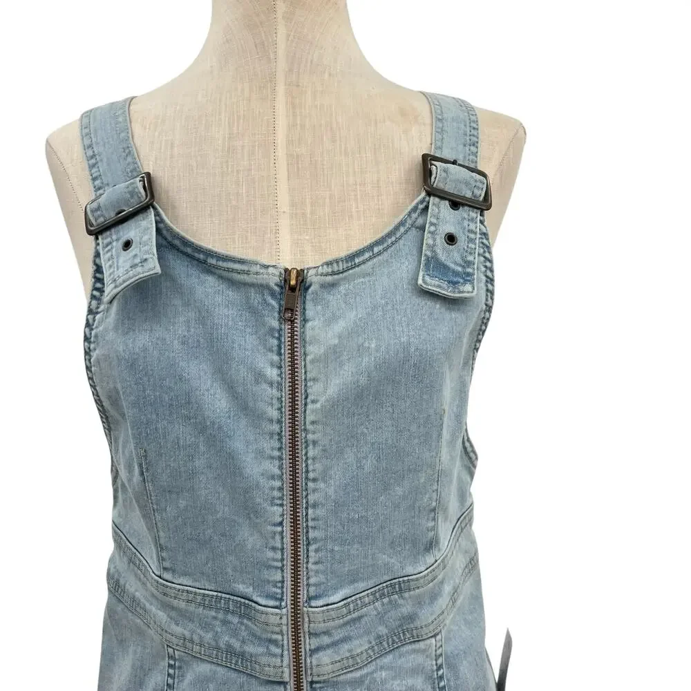 Free People Modern Femme Denim Jumper Dress Zip Front Overall Mini Size 10‎ NWT